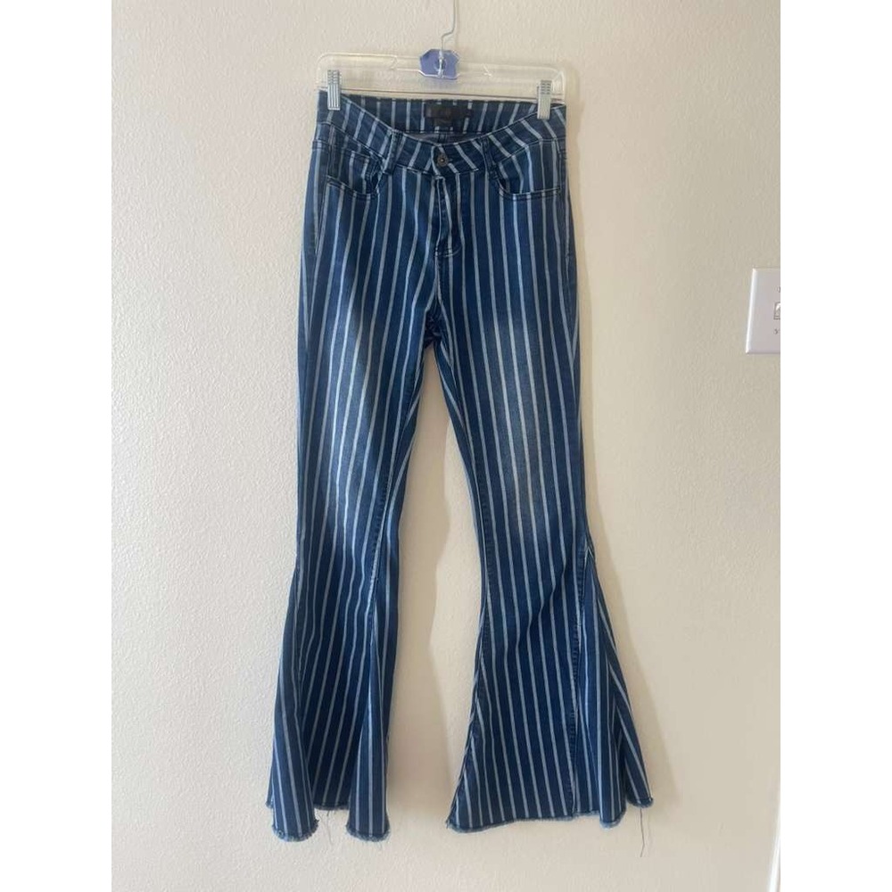 Lucky & Blessed L&B Blue White Striped Flare Jeans Womens Size 6 Bell Bottoms